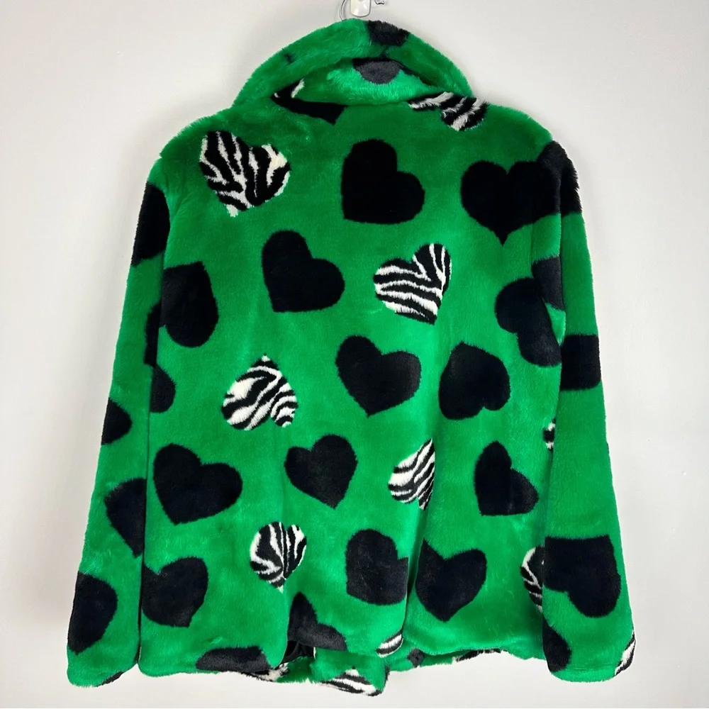 Maeve by Anthropologie Faux Fur Coat Green Black Multi Hearts Sz Medium NWT - Picture 16 of 16